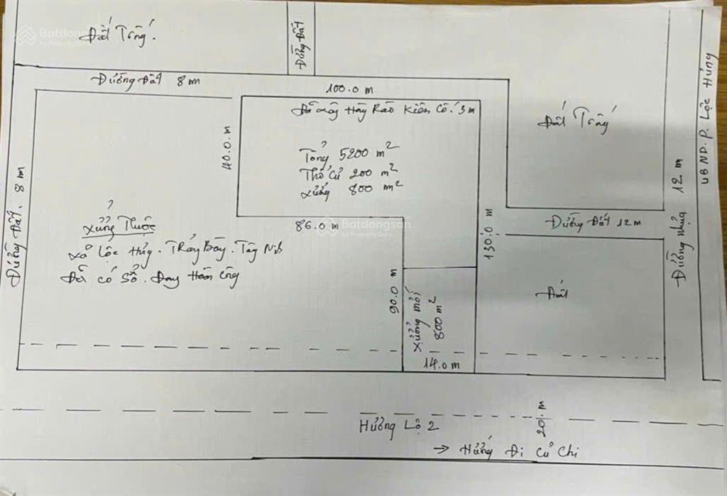 Bán kho xưởng mặt tiền hương lộ 2, thuộc xã lộc hưng, tổng dt=5200m2 có 120m tcu, giá 15,5 tỷ