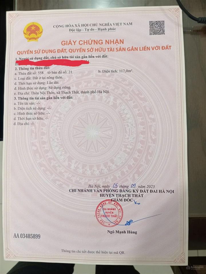 117m2 full thổ cư tại phú kim, thạch thất. vị trí trung tâm giá chỉ 1,9 tỷ.  0962 783 ***