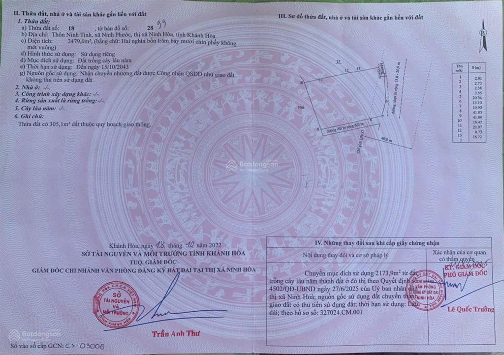 Bán đất 2479m2(odt)tại đường 652d, ninh phước, ninh hòa, khánh hòa