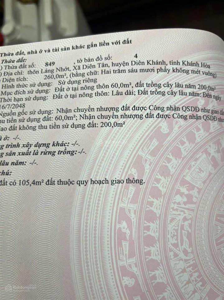 Bán lô đất ngang 10m mặt tiền hương lộ 62, diên tân, diên khánh