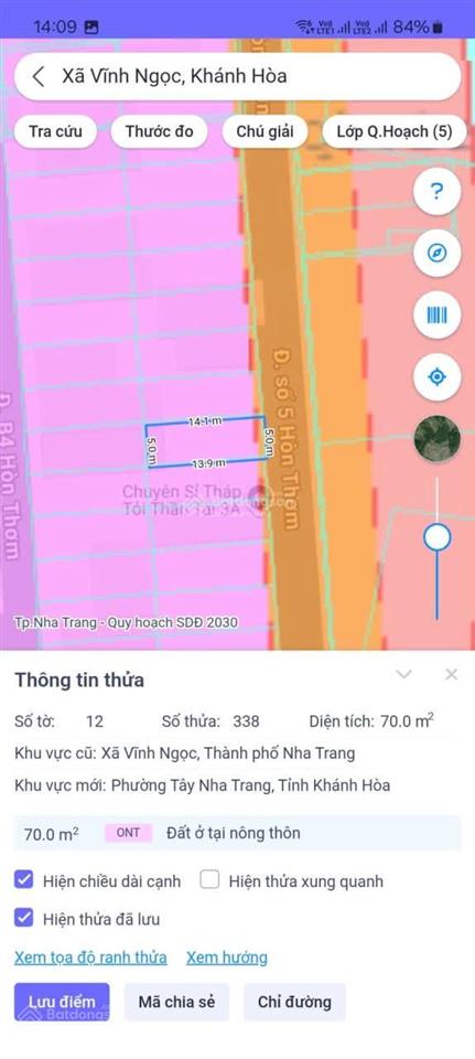 Bán lô đất đường b5 hòn thơm  thôn xuân ngọc  xã vĩnh ngọc  tp. nha trang. dt 70m2 giá 1,58 tỷ