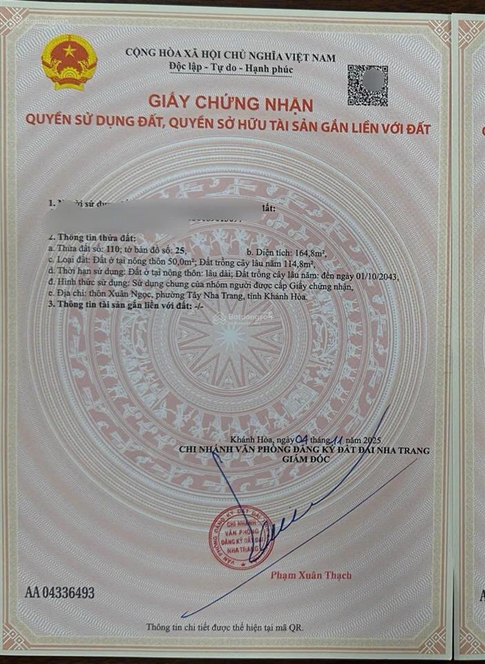 Bán lô đất gần cầu phú kiểng  thôn xuân ngọc  xã vĩnh ngọc  tp. nha trang. dt 164,8m2 giá 2,8 tỷ