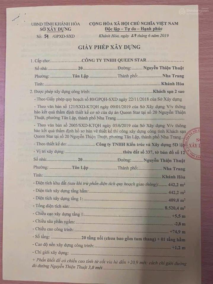 Bán lô đất xây ks đường nguyễn thiện thuật, khu phố tây, nha trang, dt 448,8m2  giá bán 325tr/m2.