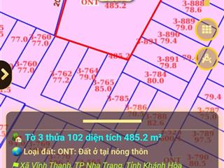 Cần bán lô đất giá rẻ tại vĩnh thạnh, nha trang. dt 485,3m2 (ngang 20m)  giá bán 16,5tr/m2