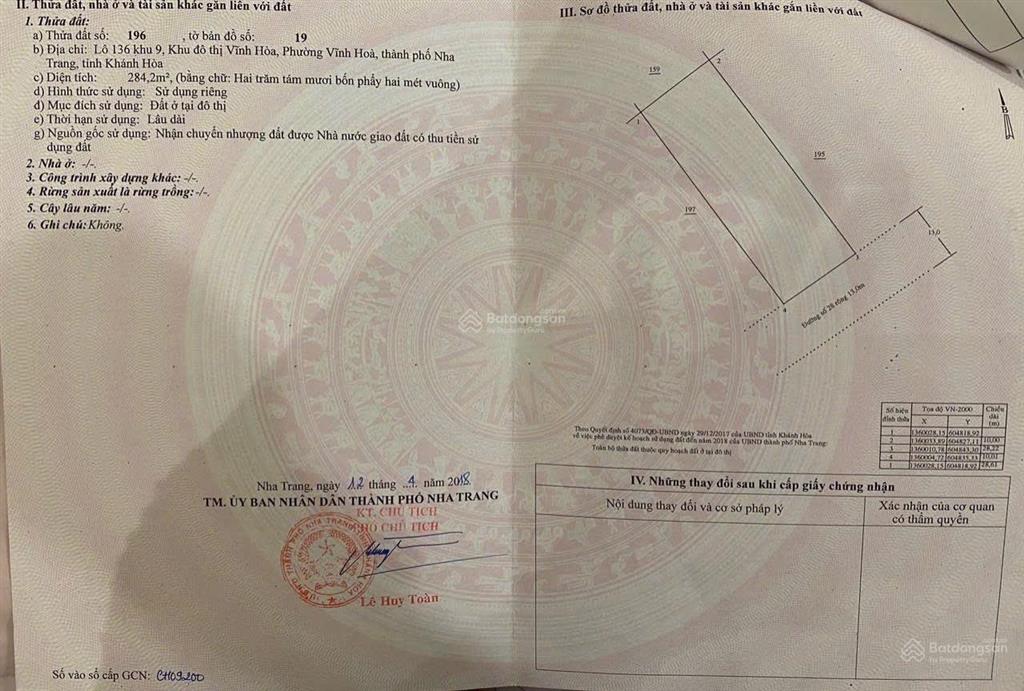 Bán đất đường huỳnh văn nghệ, vĩnh hoà, nha trang. dt 284,2m2 (ngang 10m) hướng đông nam giá 15 tỷ