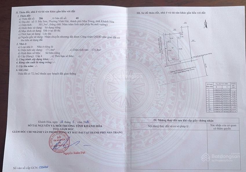 Bán đất đường bắc sơn, vĩnh hải, nha trang. dt 501m2 (ngang 20m) h.nam  giá 120tr/m2