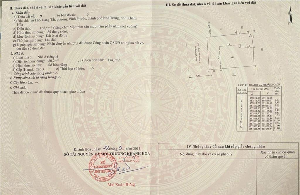 Cần bán lô đất đẹp hẻm đặng tất, vĩnh hải, nha trang. dt 168,5m2 (ngang 11m), h.tây  giá 14,5 tỷ