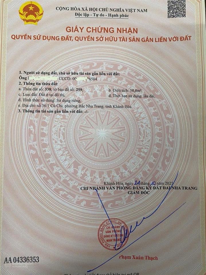 Bán đất hẻm củ chi, vĩnh hải, nha trang. dt 61,3m2 (ngang 5,5m)  hướng đông. giá 62tr/m.