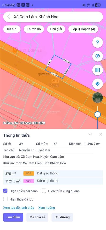 Mặt tiền quốc lộ 1a tại cam hòa  cam lâm kdc giữ lại không bị quy hoạch chỉ 520 triệu/ mét ngang