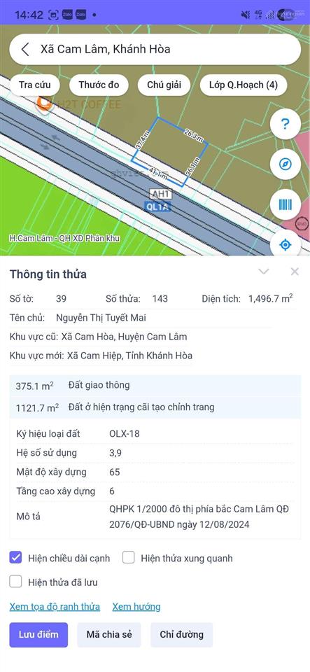Mặt tiền quốc lộ 1a tại cam hòa  cam lâm kdc giữ lại không bị quy hoạch chỉ 520 triệu/ mét ngang