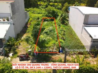 Đất nhánh 396 quang trung ngay trung tâm rạch giá. lộ 7m, 5x24m, 100 thổ cư, nền cao ráo vuông đẹp