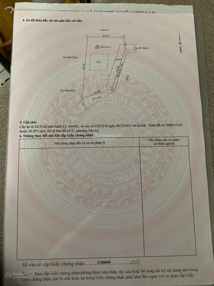 Chính chủ bán lô đất tại tân an thủ dầu một dt 635m2 có 100m2 thổ cư giá rẻ 4 triệu/m2 (có tl)