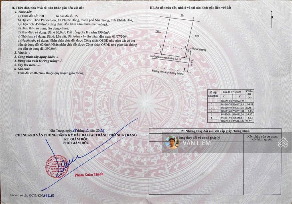 Bán lô đất tại thôn phước sơn, xã phước đồng, nha trang. dt 450m2, ngang 16.8m, thổ 60m2