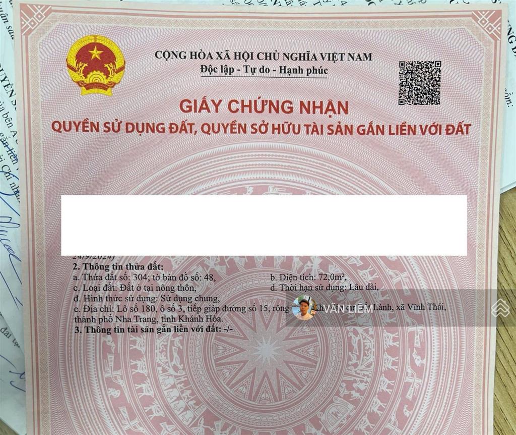 Duy nhất lô đất tái định cư đất lành vĩnh thái dt 72m ngang 4,5m phù hợp đầu t