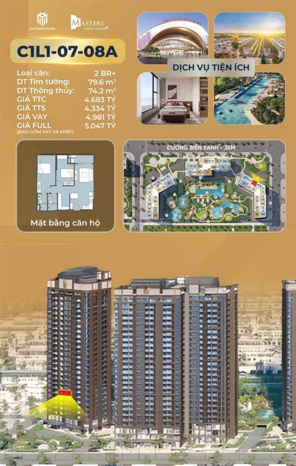 Chỉ từ 58.4 tr/m2 căn 2pn + view biệt thự & cây xanh tại masteri trinity square!