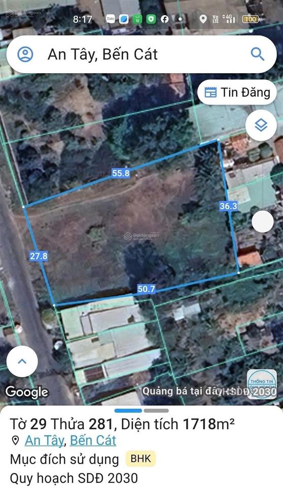 Bán đất an tây, bến cát mặt tiền dh609 gần ubnd p. tây nam, 27x55m, giá 8 tỷ