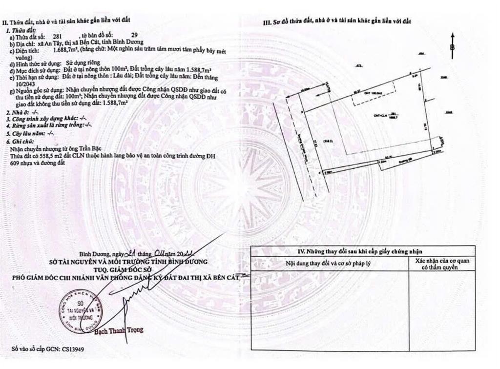 Bán đất an tây, bến cát mặt tiền dh609 gần ubnd p. tây nam, 27x55m, giá 8 tỷ