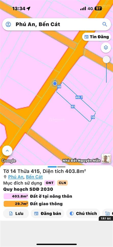 Đất phú an, bến cát 10x40m, 100m2 thổ cư giá 3tỷ350 gần ngã tư phú thứ