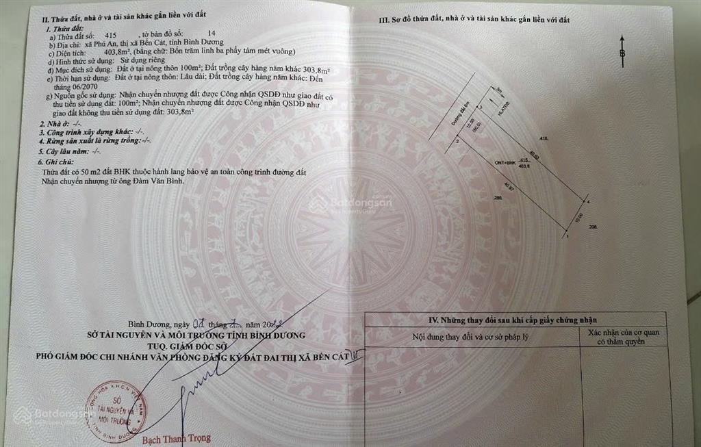 Đất phú an, bến cát 10x40m, 100m2 thổ cư giá 3tỷ350 gần ngã tư phú thứ