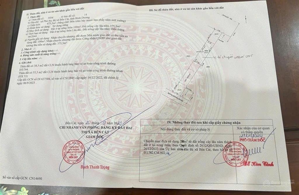 Bán mặt tiền dt744 phú an, bến cát lô đất 2 mặt tiền 7x67m, 300m2 thổ cư giá 5.95 tỷ (850 triệu/m)