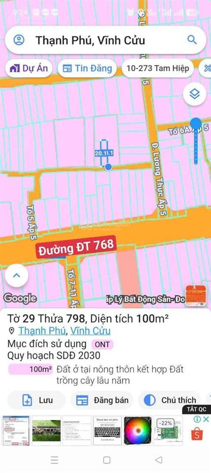 Bán đất 100m2, đường 768, thạnh phú, vĩnh cửu, 16 triệu / m2
