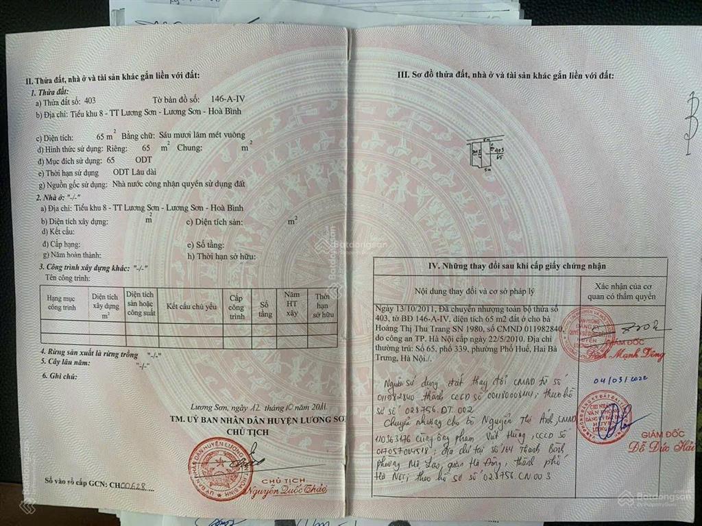 Chính chủ gửi bán lô đất có diện tích 65m2 tại trung tâm thị trấn lương sơn nay là phú thọ