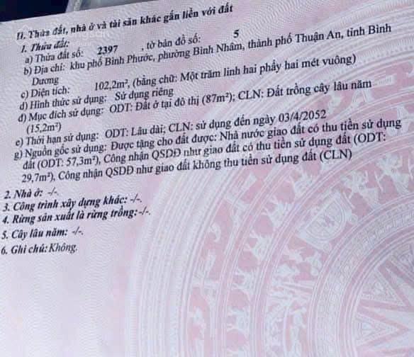 Chính chủ gửi bán đất đẹp gần đường nguyễn văn lộng, lái thiêu dt 102m