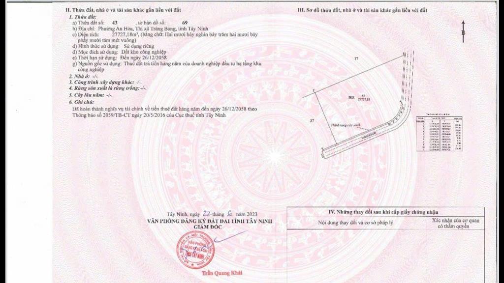 Bán đất trong kcn thành thành công trảng bàng tây ninh, dt đất 2,77ha, giá 70 tỷ