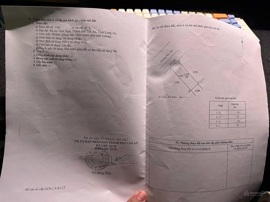 Bán đất thổ mặt tiền n2 khu tđc an vĩnh ngãi, tp tân an, diện tích 5.5 x 18m (99m2)