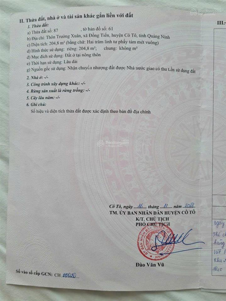 Chính chủ cần bán lô đất 204.8m2 gần bãi tắm tình yêu cô tô  sđt 0869 366 ***