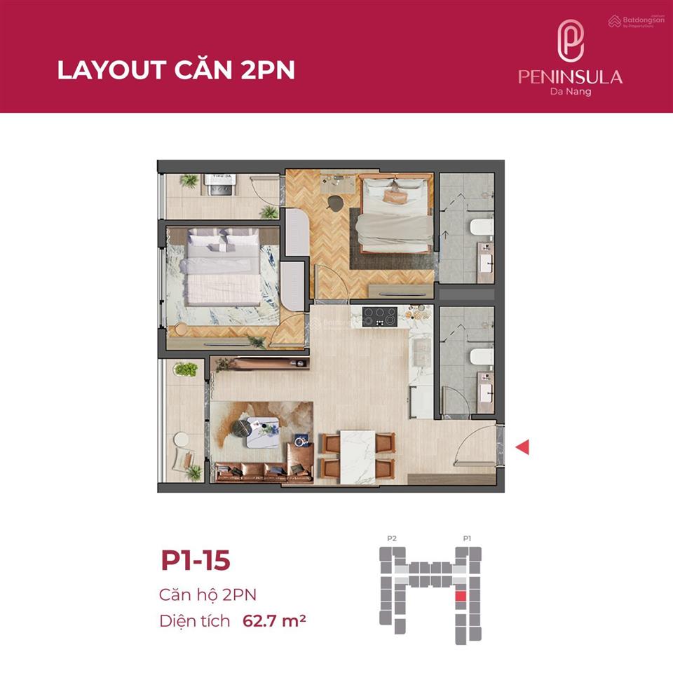 Cực hiếm  bán căn hộ 2pn 63m2 peninsula tầng 14, view sông hàn, tt đà nẵng  sổ đỏ lâu dài