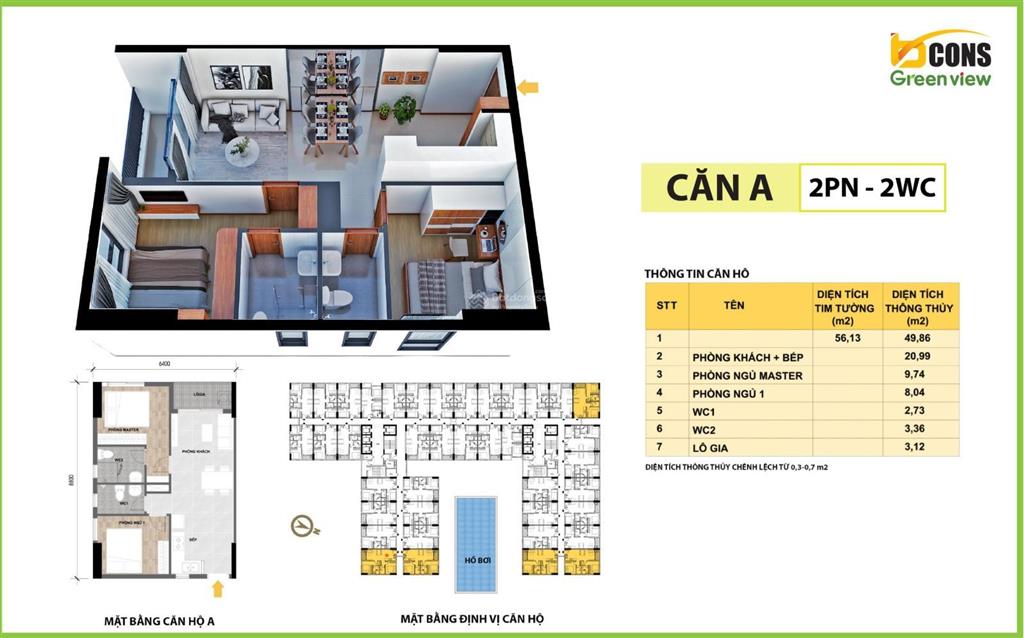 Chính chủ gửi bán căn góc 2pn 2wc, 56m2, bcons green view view thoáng mát, giá công khai 2 tỷ