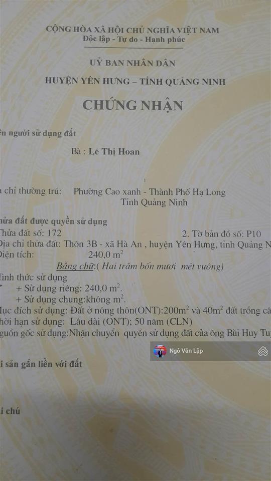 Bán đất tại hà an, quảng yên, quảng ninh, 25 triệu/m2, 240m2, đối diện chợ cho thuê có dòng tiền