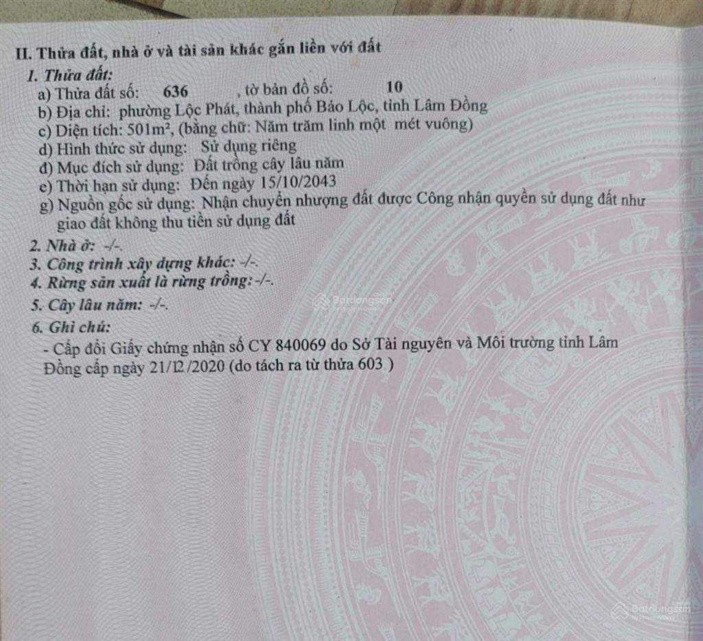 Chính chủ bán lô đất 501m2 tp. bảo lộc, giá 1,7 tỷ.  0901 333 ***
