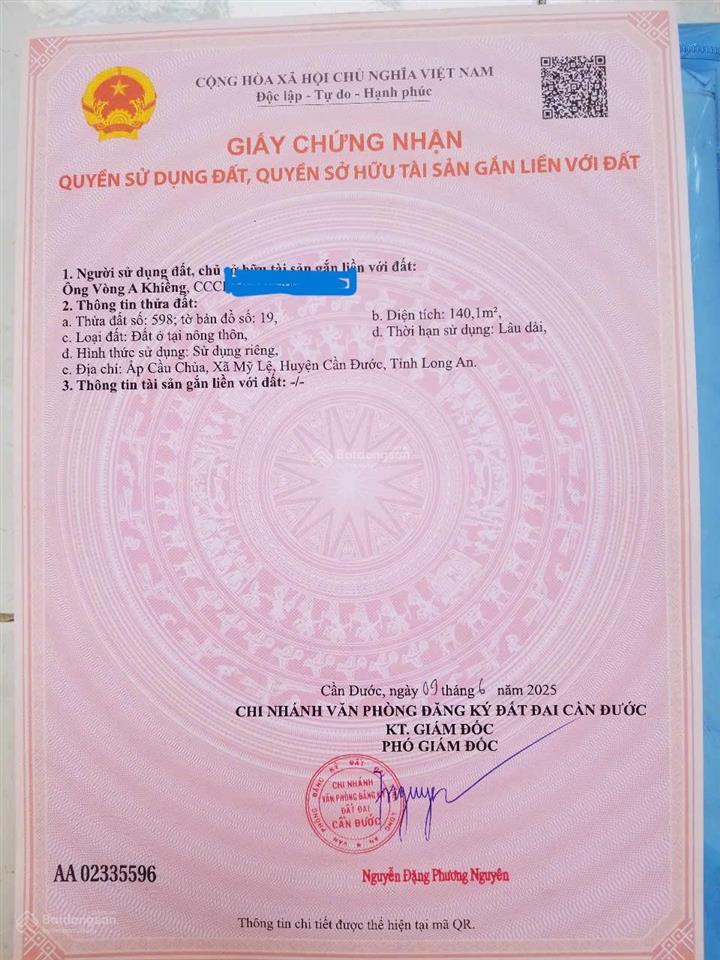 Chính chủ cần bán lô đất thổ cư 137.9m2 shr, mt đường nhựa 9m, xã mỹ lệ, h. cần đước, tỉnh long an