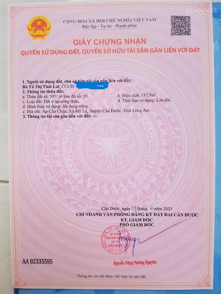 Chính chủ cần bán lô đất thổ cư 137.9m2 shr, mt đường nhựa 9m, xã mỹ lệ, h. cần đước, tỉnh long an