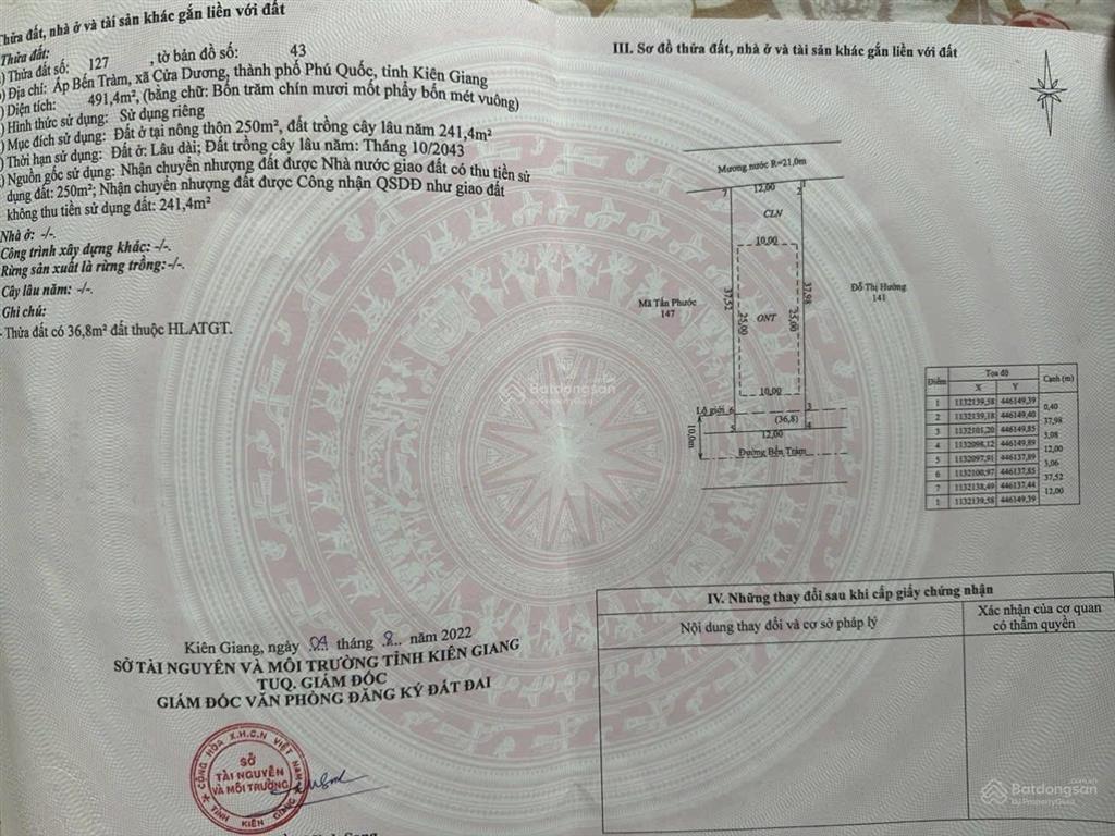 Chính chủ gửi bán mảnh đất gần 500m2 mặt tiền đường bến tràm  phú quốc