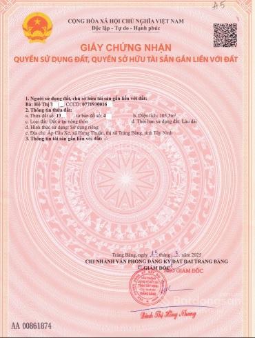 Chỉ 595 triệu, khu đất 103m2 thổ cư, thị xã trảng bàng (cạnh tp. hcm), sổ sẵn