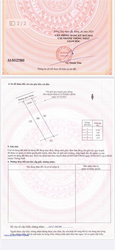 Bán đất dân dầu giây 124m², sổ riêng, đường quy hoạch rộng 19.6m