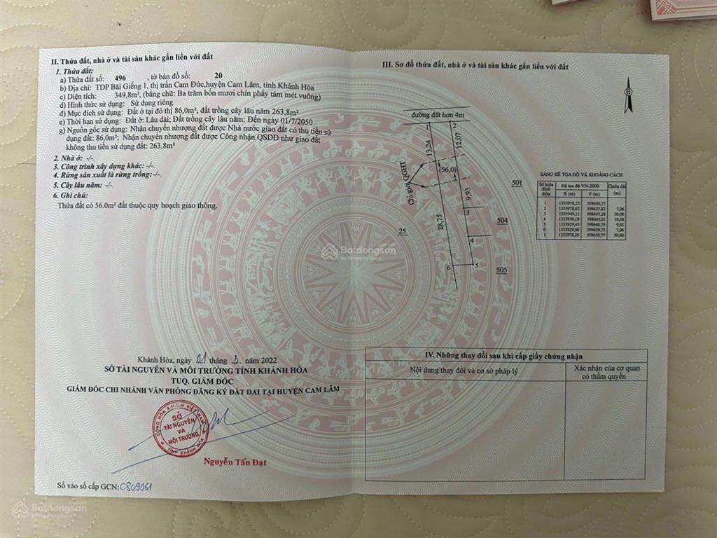 Chủ cần ra nhanh đất có thổ cư sát quốc lộ 1a trung tâm cam đức, giá  0798 347 ***