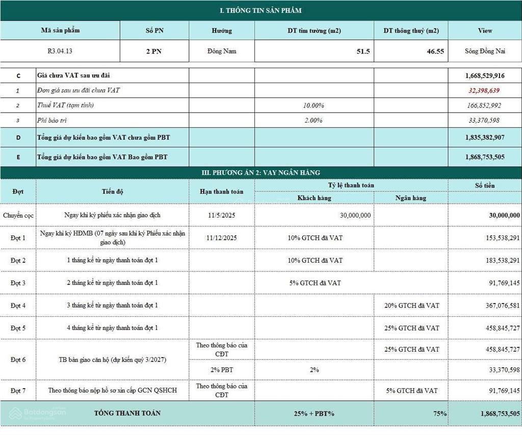 Suất nội bộ 188 triệu cho căn 2pn tại fresia riversid
