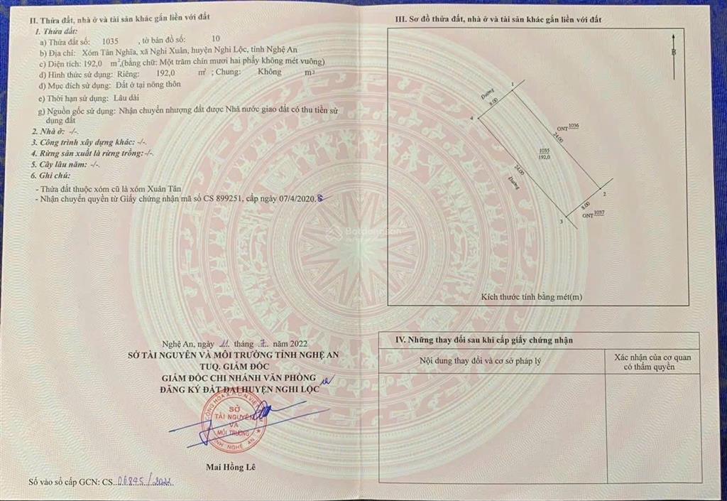 Bán lô nghi xuân, tp. vinh diện tích 192 m2 đường nhựa giá chỉ 13 triệu/m2