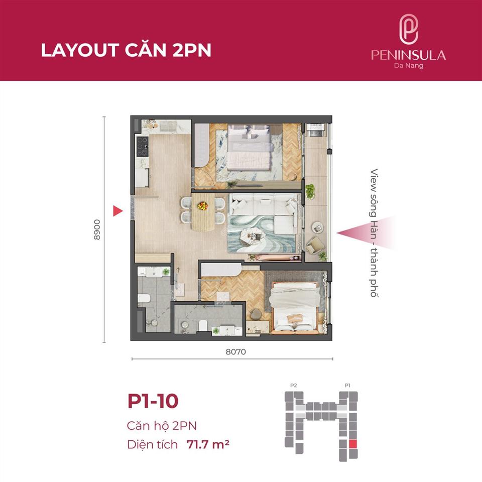 Căn 10 tòa p1 cc peninsula đà nẵng, giá thỏa thuận, 71,7m2, 2pn, 2wc, view đẹp