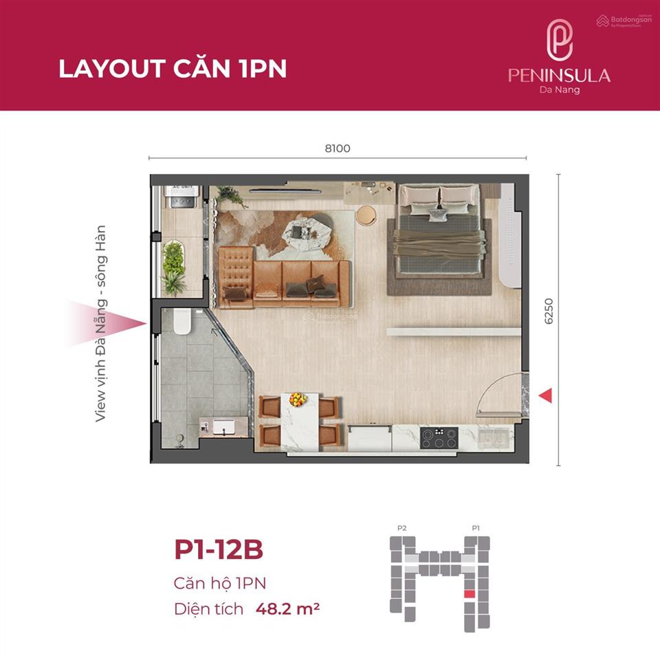 Căn 12b tòa p1 cc peninsula đà nẵng, giá thỏa thuận, 48,2m2, 1pn, 1wc, view đẹp