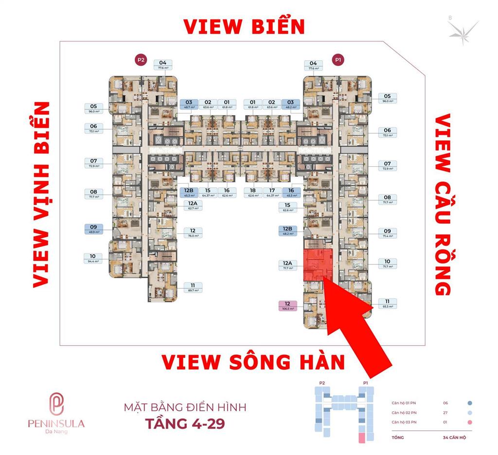 Căn 12a tòa p1 cc peninsula đà nẵng, giá thỏa thuận, 71,7m2, 2pn, 2wc, view đẹp