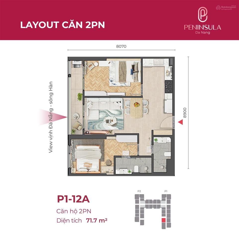 Căn 12a tòa p1 cc peninsula đà nẵng, giá thỏa thuận, 71,7m2, 2pn, 2wc, view đẹp