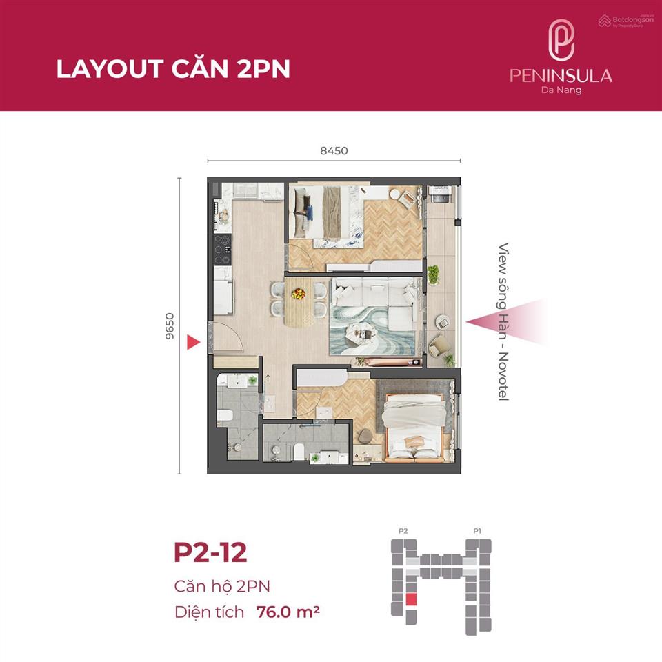 Căn 12 tòa p2 cc peninsula đà nẵng, giá thỏa thuận, 76m2, 2pn, 2wc, view đẹp