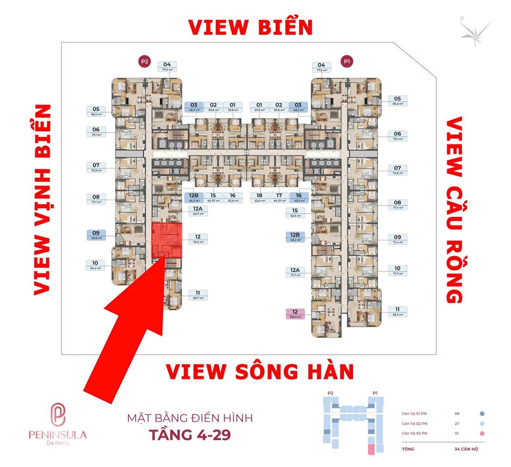 Căn 12 tòa p2 cc peninsula đà nẵng, giá thỏa thuận, 76m2, 2pn, 2wc, view đẹp
