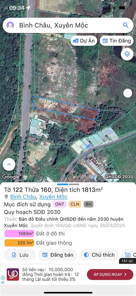 Bán đất mặt tiền đường ql 55, xã bình châu, xuyên mộc, bà rịa vũng tàu, dt 1813m2 giá 5.5tr/m2