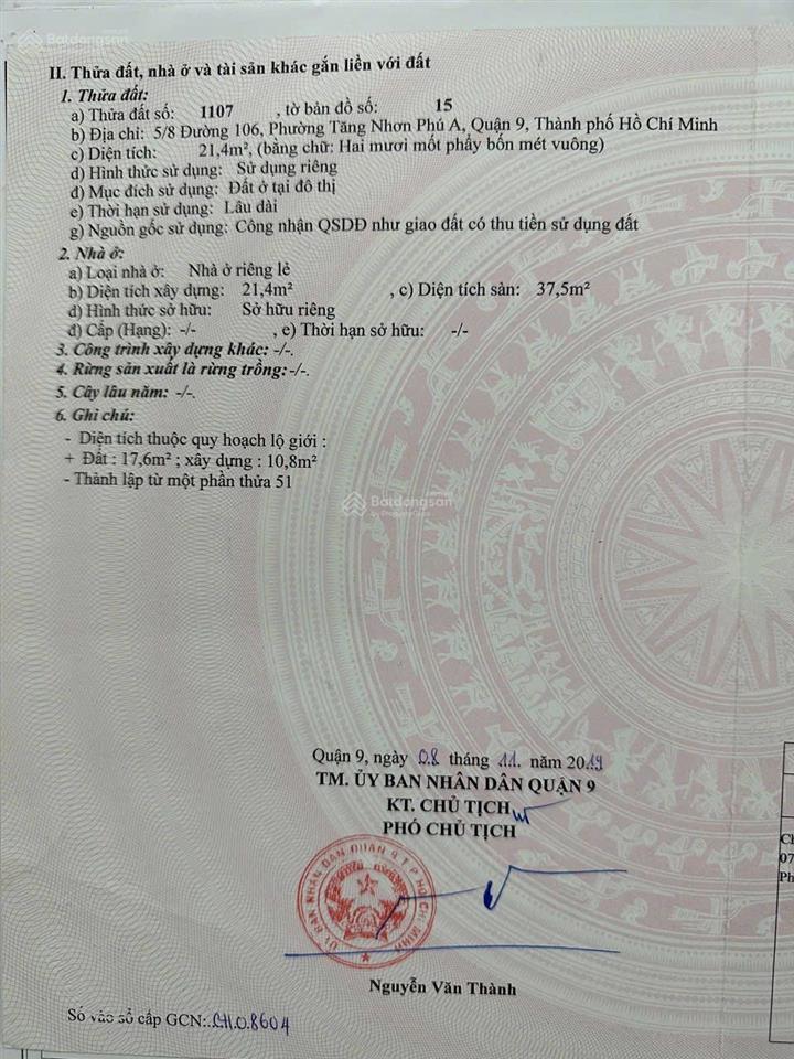 Bán nr 40m2 tại đường 106, tăng nhơn phú a, q9, giá cực chất 3,2 tỷ